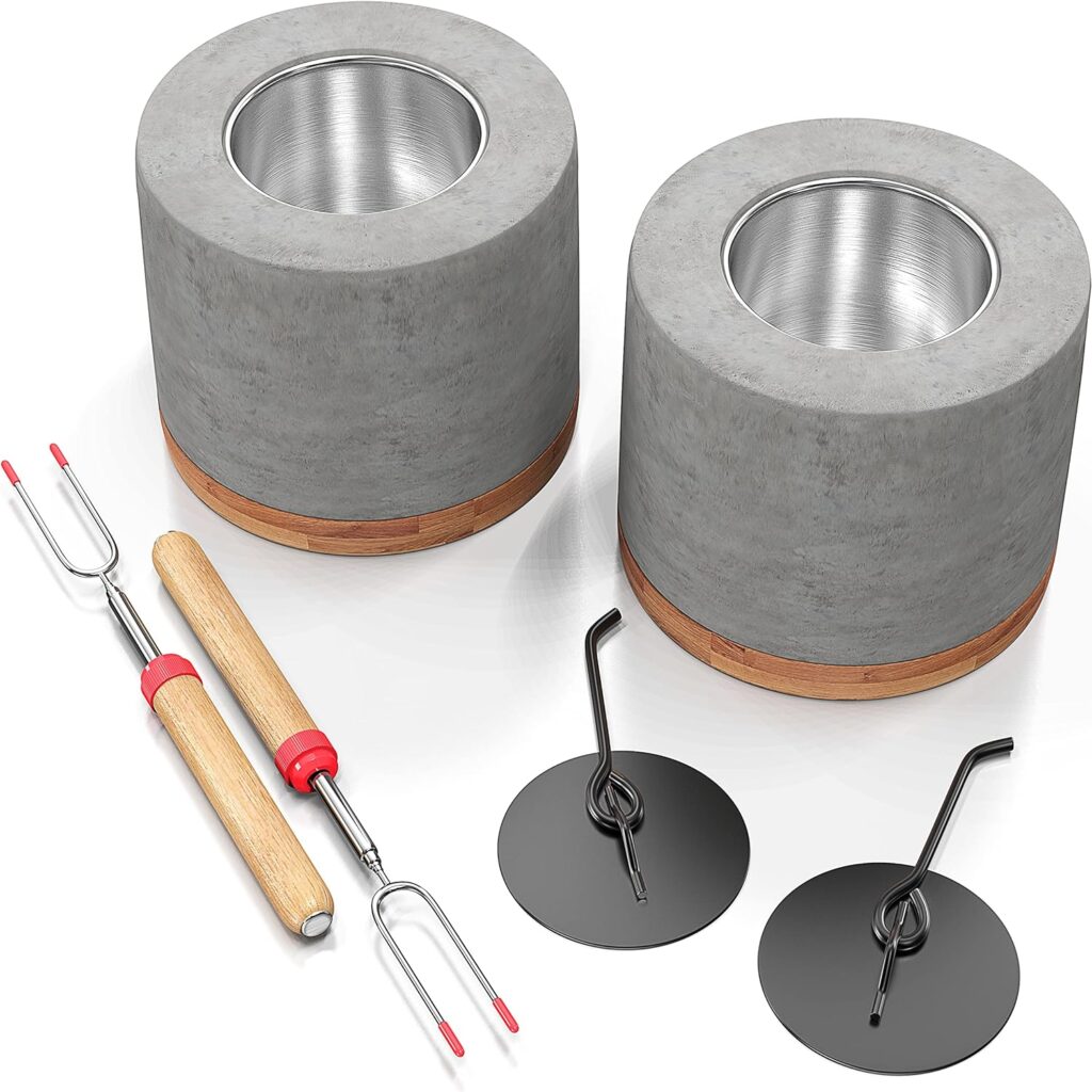 2 Pack Gardenix Decor Concrete Tabletop Fire Pit with Bamboo Base; Burns Ethanol and Multiple Fuels; 2 Extending Marshmallow Roasting Stick Forks; Table Top Fire Pit Bowl/Mini Tabletop Fireplace