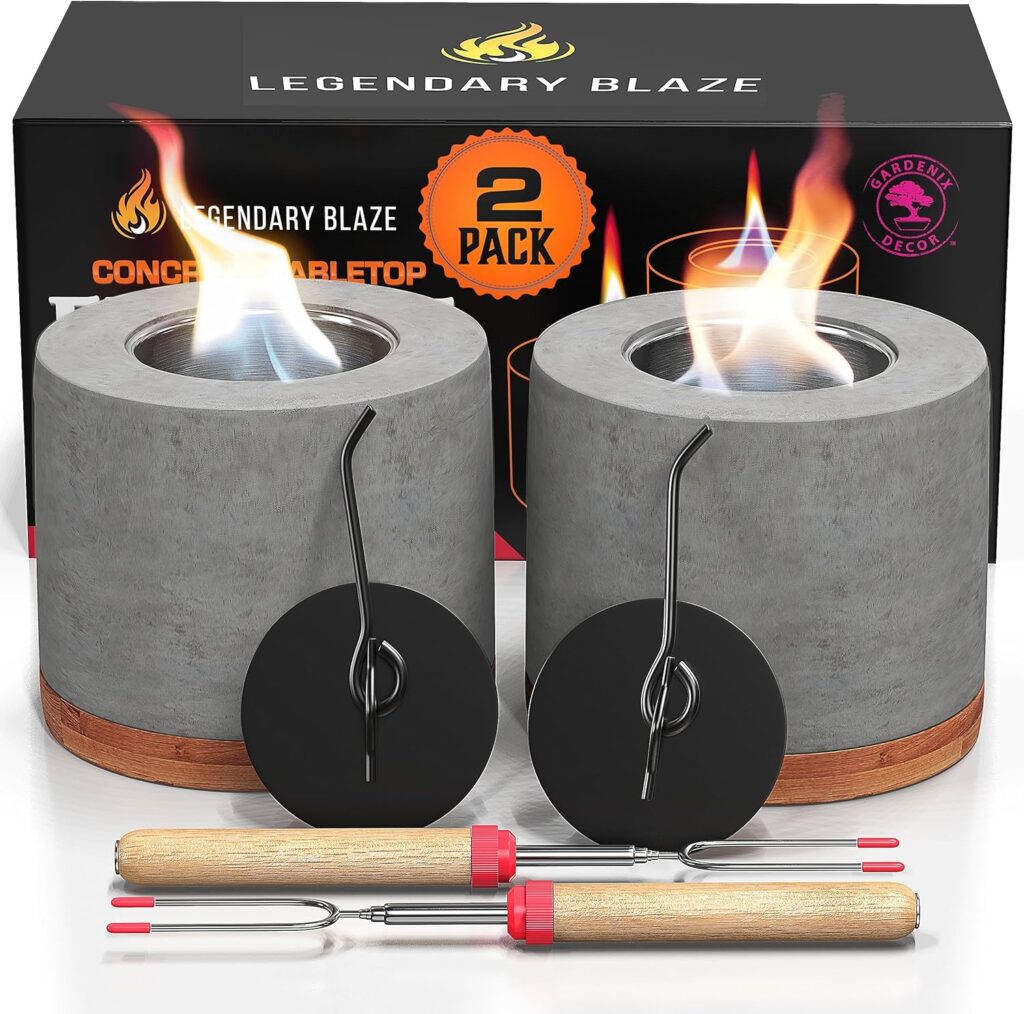 2 Pack Gardenix Decor Concrete Tabletop Fire Pit with Bamboo Base; Burns Ethanol and Multiple Fuels; 2 Extending Marshmallow Roasting Stick Forks; Table Top Fire Pit Bowl/Mini Tabletop Fireplace