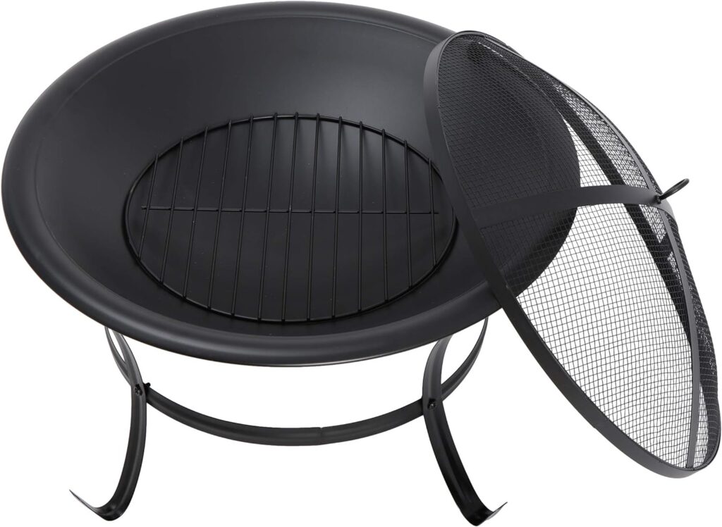 22Inches Fire Pit Outdoor Steel Wood Burning BBQ Grill Firepit Bowl Fireplace with Mesh Screen Fire Poker, Log Grate