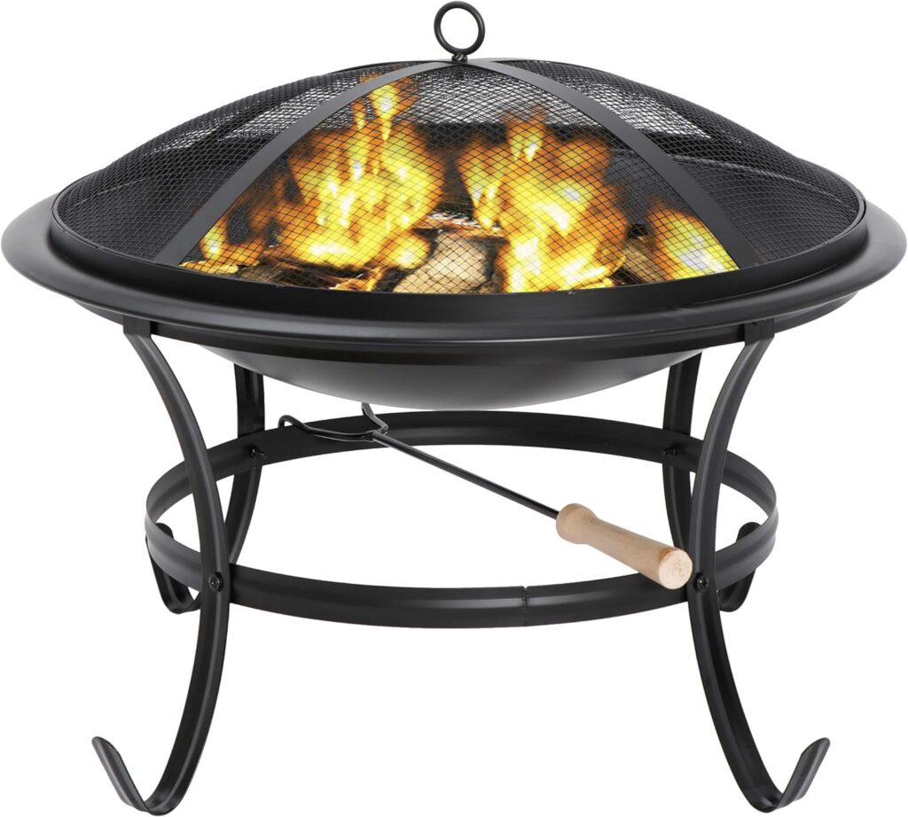 22Inches Fire Pit Outdoor Steel Wood Burning BBQ Grill Firepit Bowl Fireplace with Mesh Screen Fire Poker, Log Grate