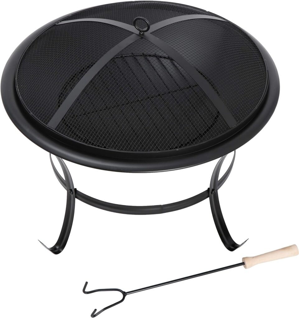 22Inches Fire Pit Outdoor Steel Wood Burning BBQ Grill Firepit Bowl Fireplace with Mesh Screen Fire Poker, Log Grate