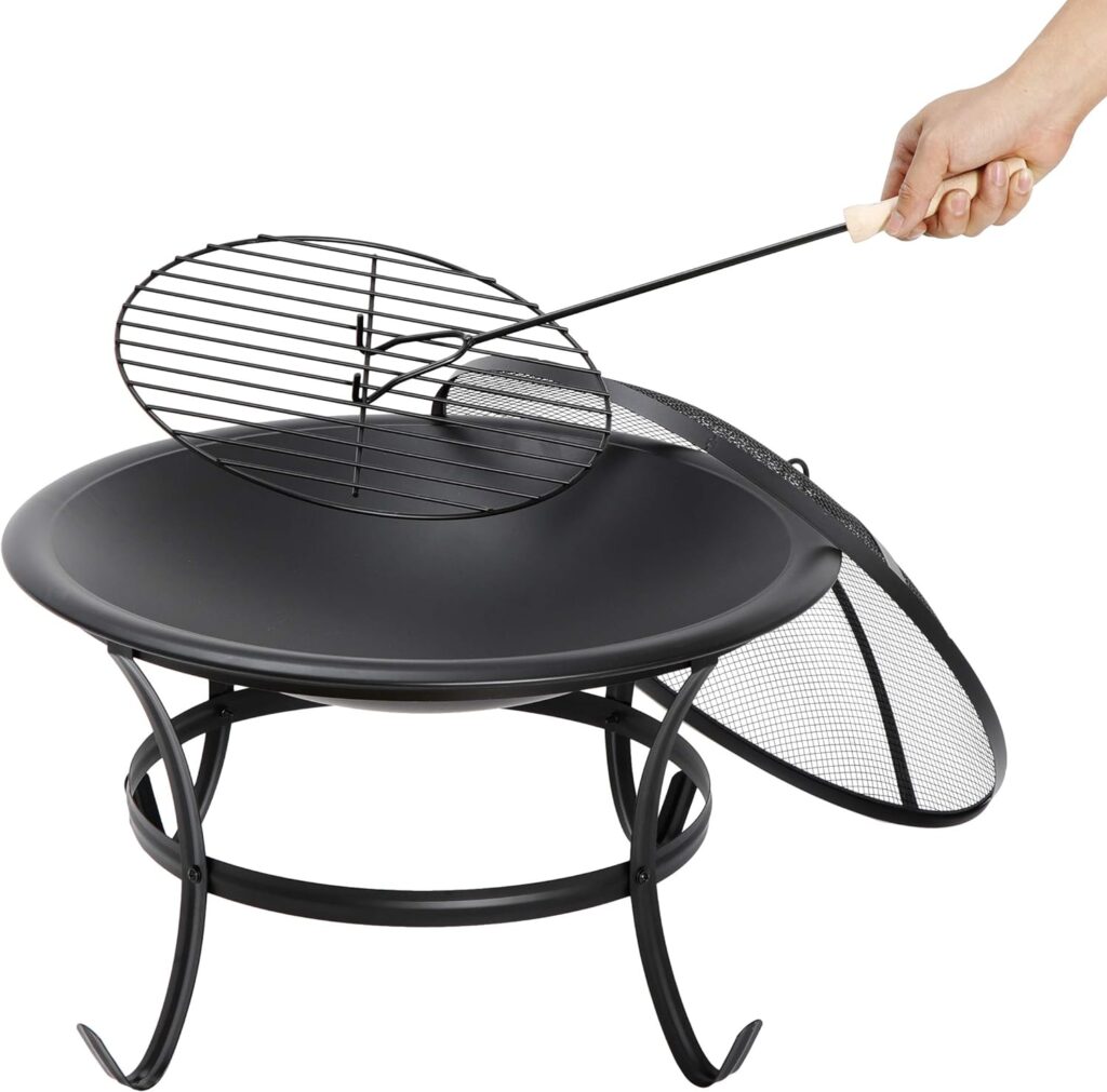 22Inches Fire Pit Outdoor Steel Wood Burning BBQ Grill Firepit Bowl Fireplace with Mesh Screen Fire Poker, Log Grate