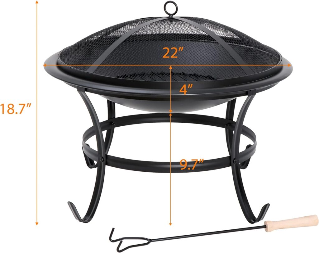 22Inches Fire Pit Outdoor Steel Wood Burning BBQ Grill Firepit Bowl Fireplace with Mesh Screen Fire Poker, Log Grate