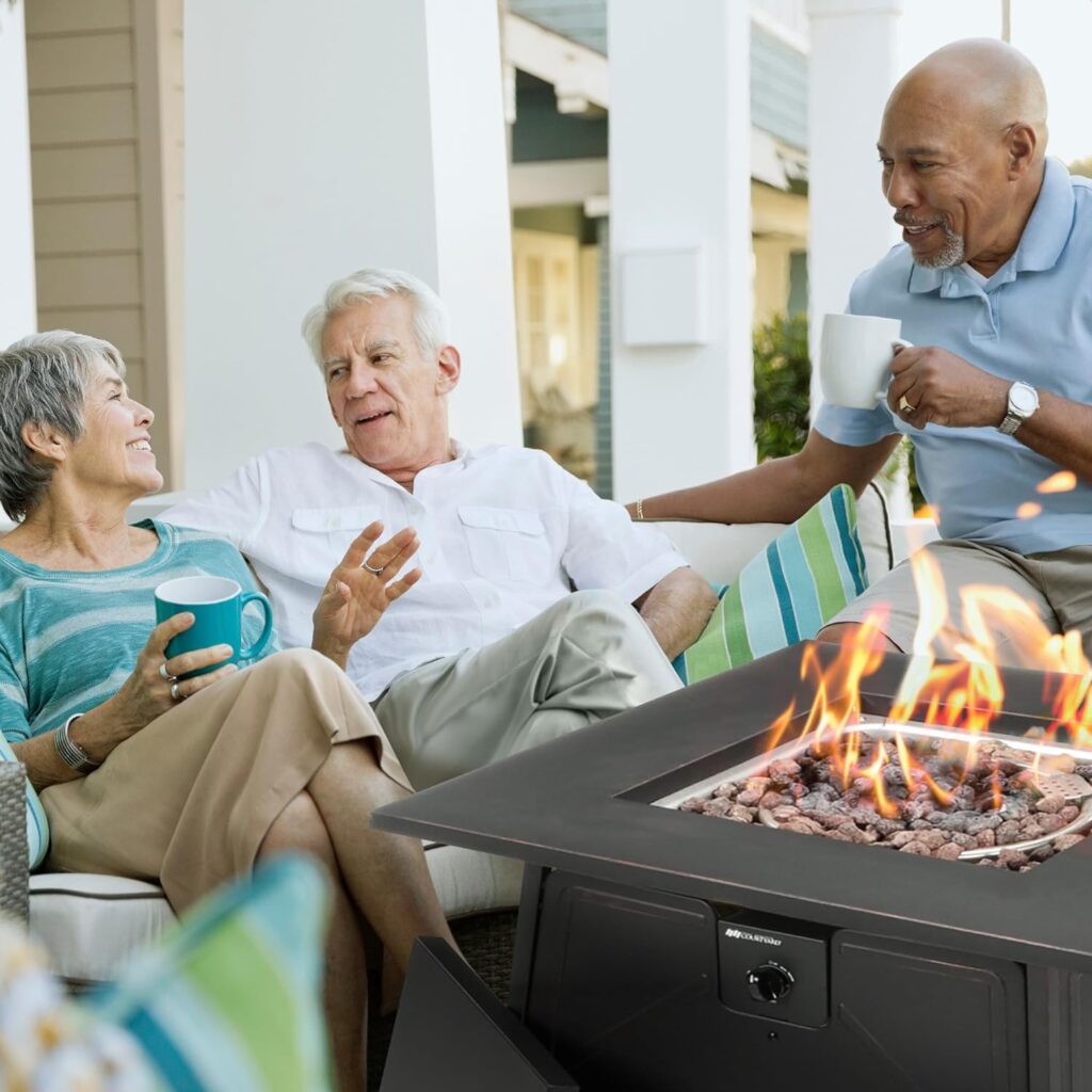 Amazon.com : Four Seasons Courtyard Dual Heat 28 Inch Steel Square Gas Outdoor Backyard Tabletop Fire Pit with Lava Rocks and Steel Cover Lid, Black : Patio, Lawn  Garden