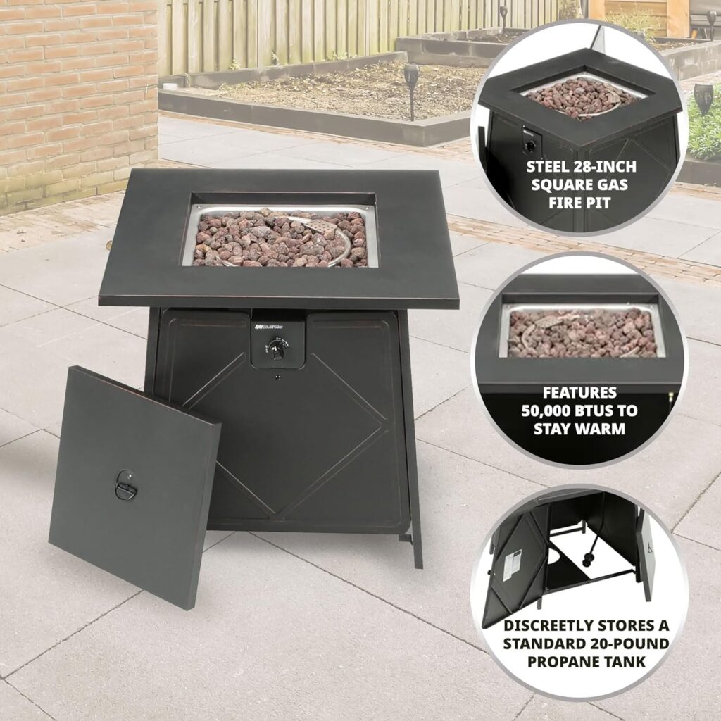 Amazon.com : Four Seasons Courtyard Dual Heat 28 Inch Steel Square Gas Outdoor Backyard Tabletop Fire Pit with Lava Rocks and Steel Cover Lid, Black : Patio, Lawn  Garden