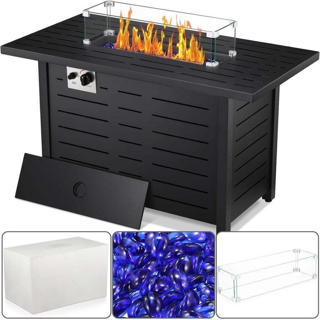 Amazon.com : Xbeauty Fire Pit Propane Gas FirePit Table 43 Outdoor Fire Pit Rectangular Tabletop with Lid, Rain Cover, Tempered Glass Wind Guard for Outside Garden Backyard Deck Patio (Square) : Patio, Lawn  Garden