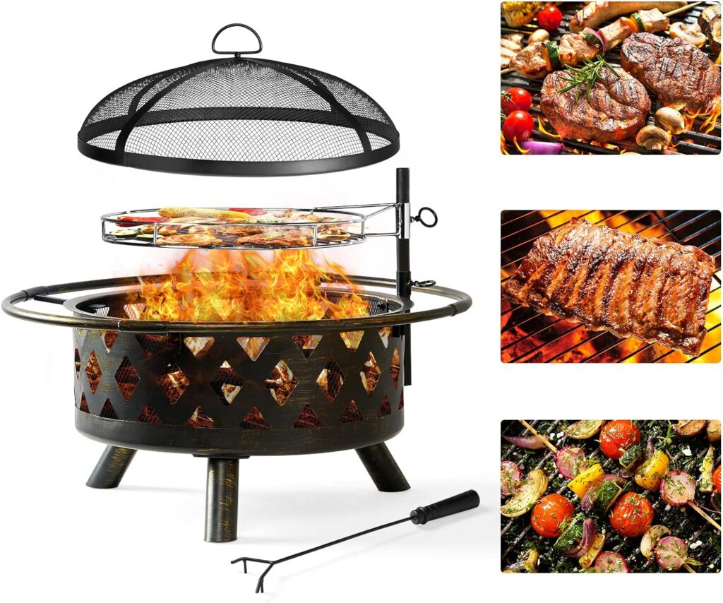 Aoxun Fire Pit 30in with Grill Outdoor Wood Burning 2 in 1 Fire Pit with Fire Poker (Black)