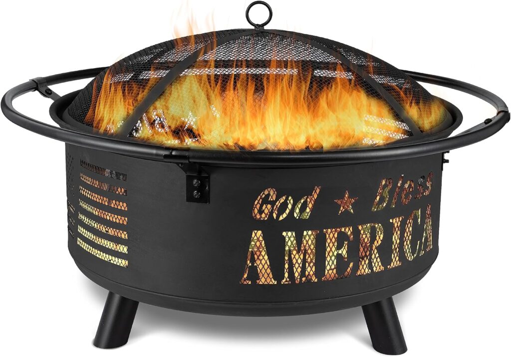 Backyard Expressions GOD Bless America Metal Firepit - 30 Inch - Heavy Duty Steel Fire Pit for Patio/Backyard w/Spark Screen Log Grate and Poker