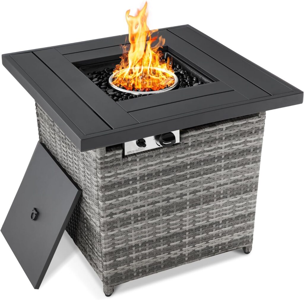 Best Choice Products 28in Gas Fire Pit Table, 50,000 BTU Outdoor Wicker Patio Propane Firepit w/Faux Wood Tabletop, Clear Glass Rocks, Cover, Hideaway Tank Holder, Lid - Ash Gray