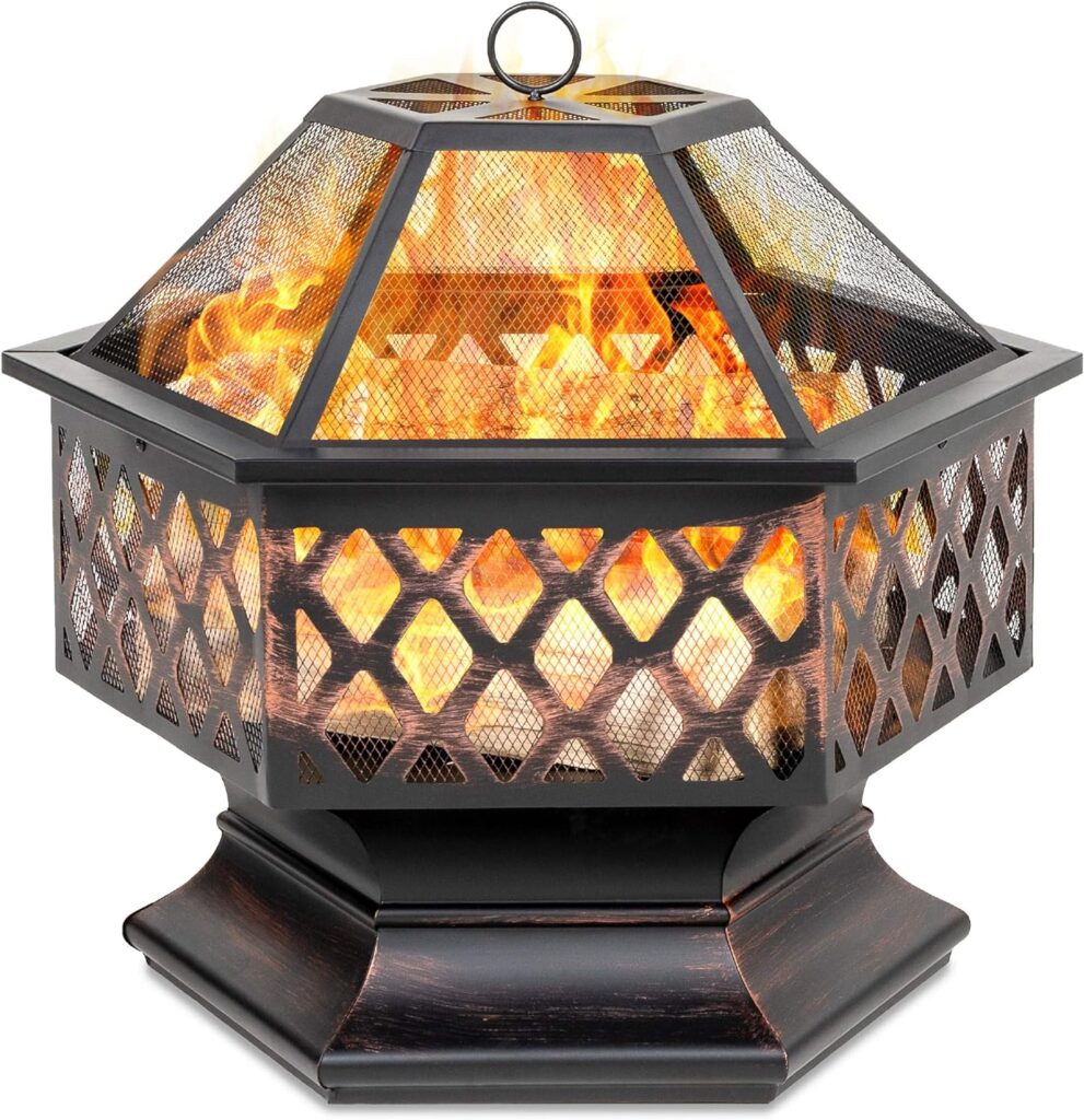 Best Choice Products Hex-Shaped 24in Steel Fire Pit, Black Metal Wood Burning Firepit, Portable Hexagon Fire Bowl for Outside, Patio, Backyard w/Flame-Retardant Mesh Lid