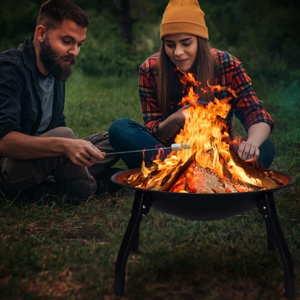 Cogesu Fire Pit, 22in Foldable Wood Burning Fire Pits for Outside, Firepit with Carry Bag, Spark Screen  Poker, Pack Grill, Folding Legs for Camping, Picnic, Bonfire