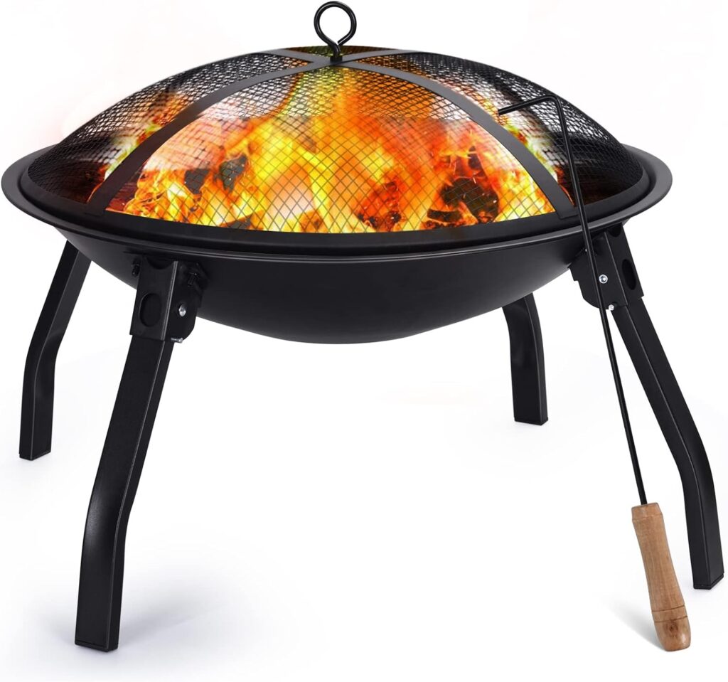 Cogesu Fire Pit, 22in Foldable Wood Burning Fire Pits for Outside, Firepit with Carry Bag, Spark Screen  Poker, Pack Grill, Folding Legs for Camping, Picnic, Bonfire