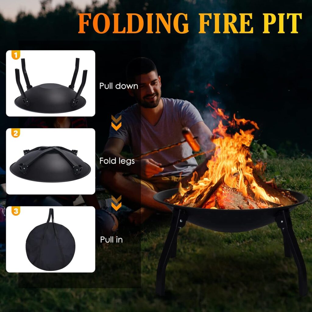 Cogesu Fire Pit, 22in Foldable Wood Burning Fire Pits for Outside, Firepit with Carry Bag, Spark Screen  Poker, Pack Grill, Folding Legs for Camping, Picnic, Bonfire