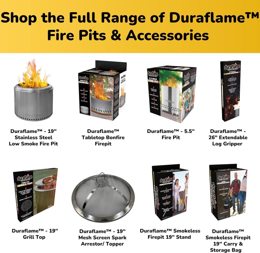 Duraflame™ 5.5 inch Table Top Fire Pit with Built-in Stand  Removable Grate, Low Smoke, Portable Mini Fire for Outdoor Use, Wood or Pellets, Double Walled Stainless Steel, with Travel Bag Included.