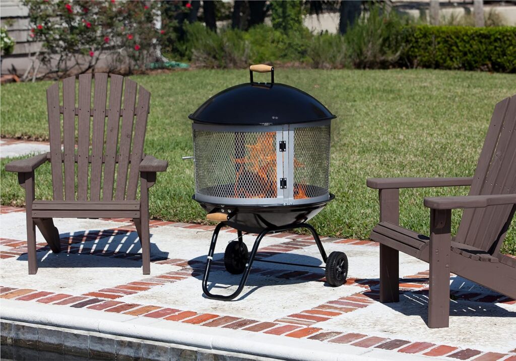 Fire Sense 01471 Fire Pit Bessemer Rolling Patio Fireplace Wooden Bonfire Porcelain Enamel Wood Burning with Wheels  Handle Grip for Outdoor Entertaining - Black  Silver - 28