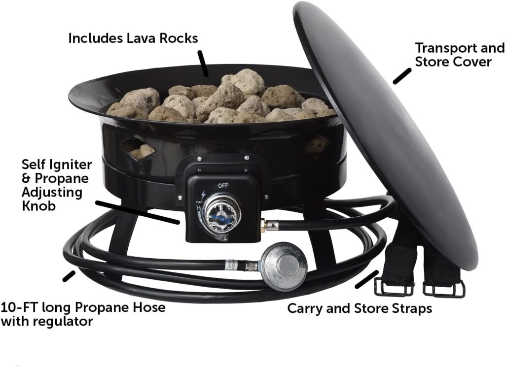 Flame King Smokeless Propane Fire Pit, 19-inch Portable Firebowl, 58K BTU with Self Igniter, Cover,  Carry Straps for RV, Camping,  Outdoor Living
