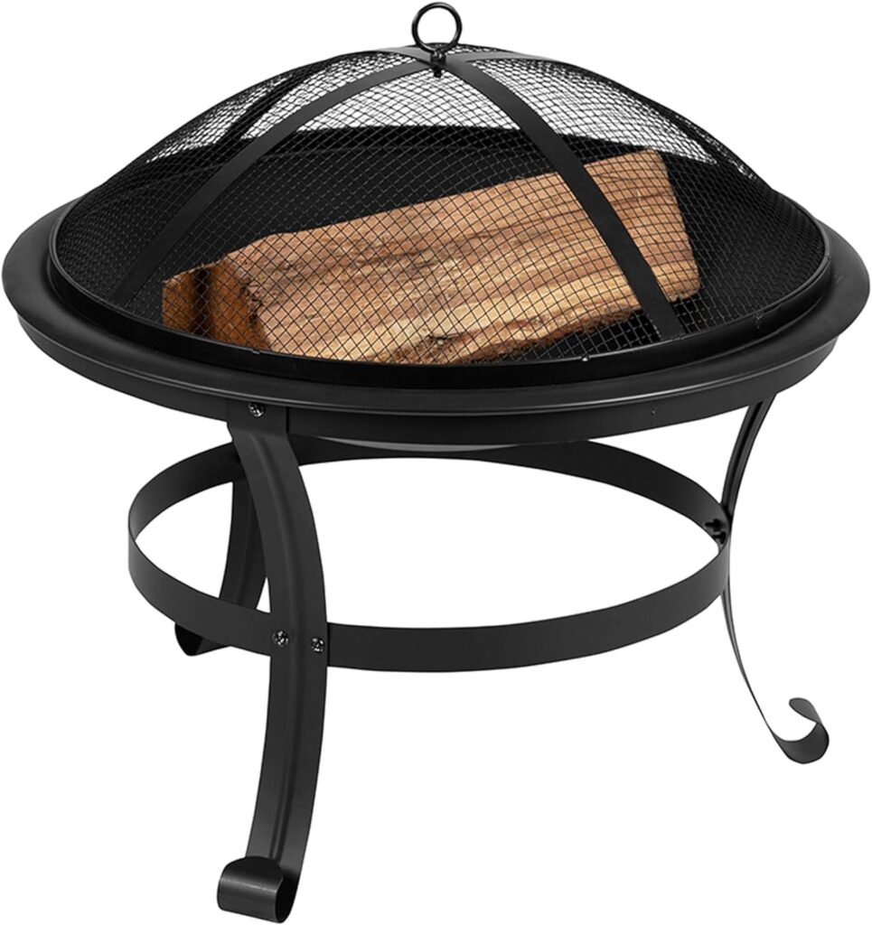 Flash Furniture Chelton 22 Round Wood Burning Firepit with Mesh Spark Screen and Poker , Black