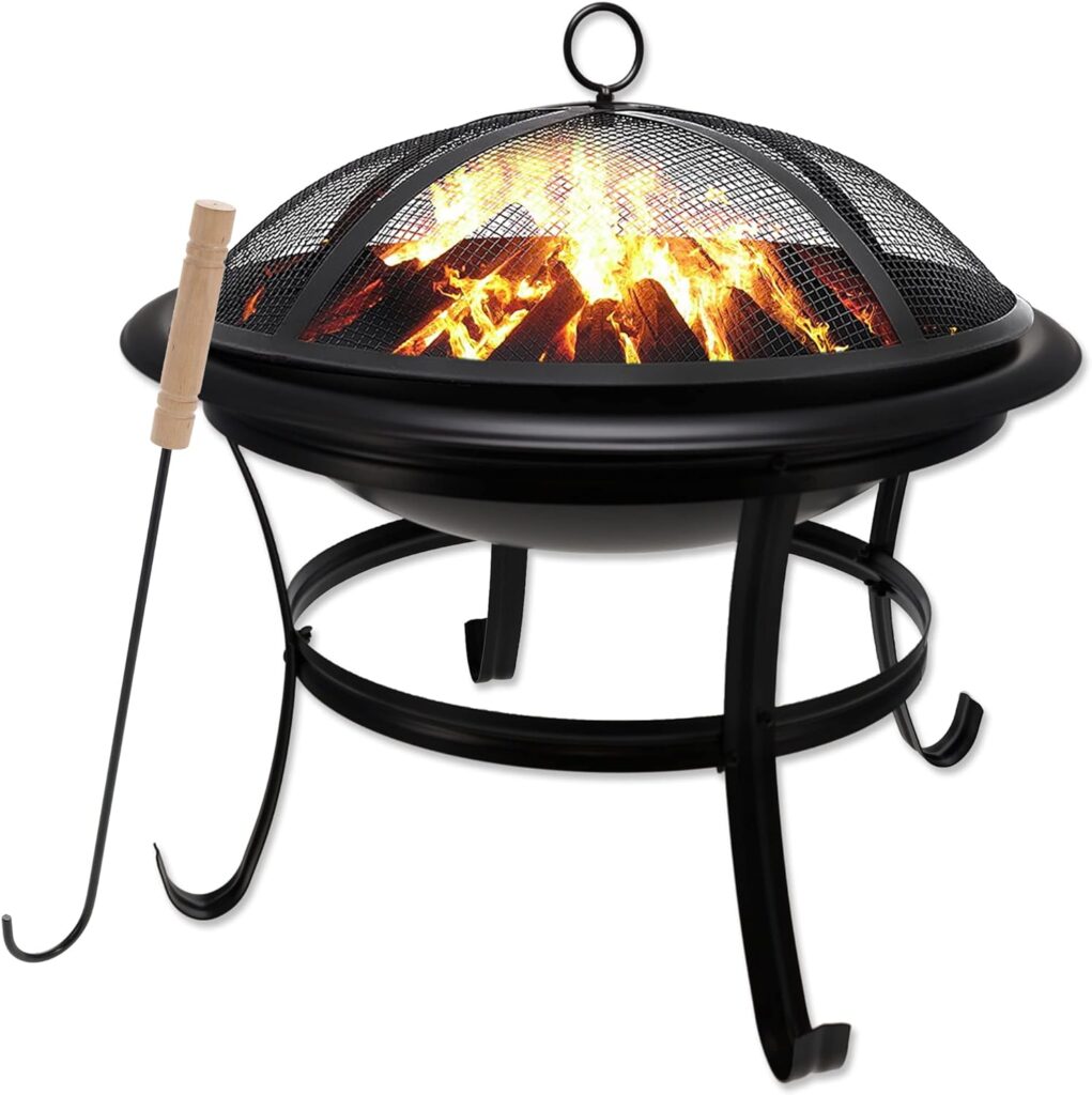 Gas One 22 in Outdoor– Wood Burning Fire Pit with Mesh Lid and Fire Picker – Durable Alloy Steel Fire Pits for Outside – Small Fire Pit for Backyard, Porch, Deck, Camping, BBQ