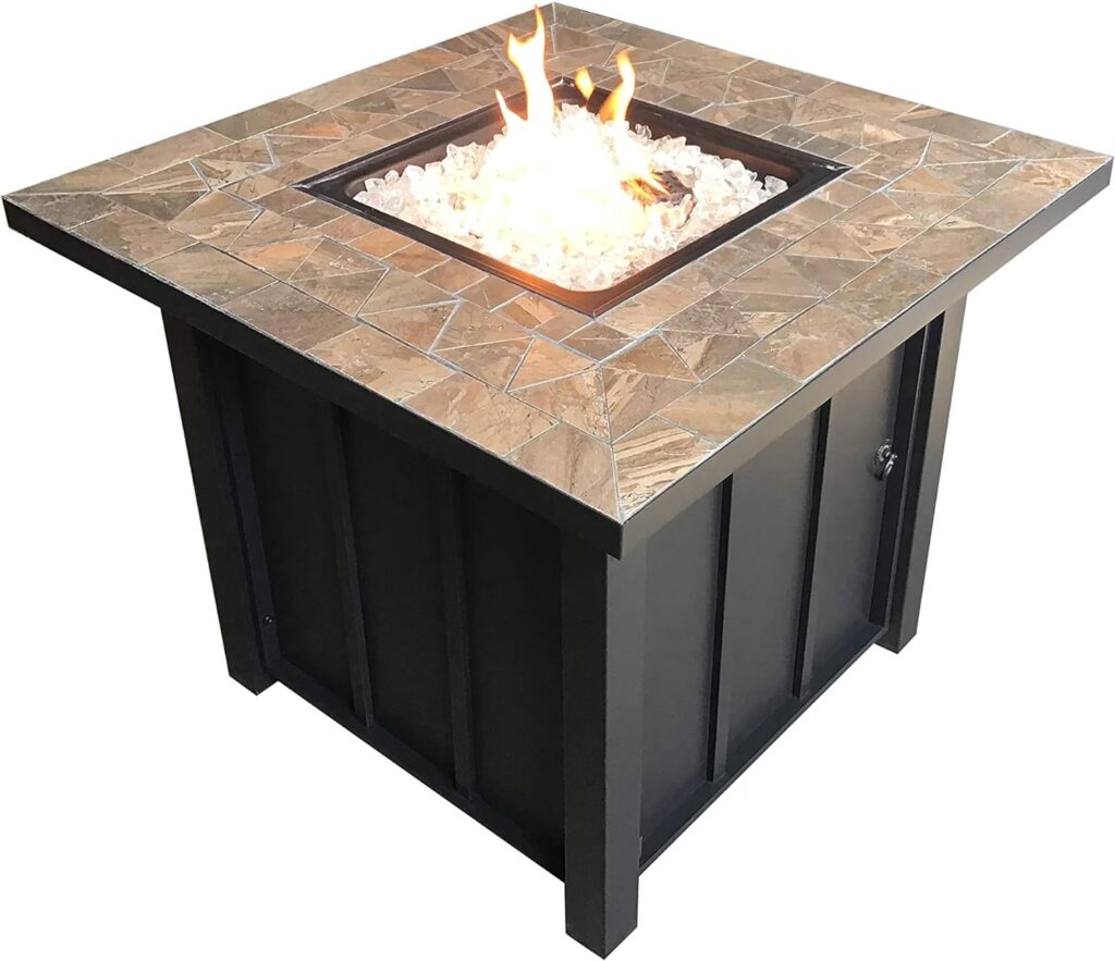 Hiland AFP-STT Outdoor Patio 40,000 BTU 30x30 Inch Square Tile Table Top Propane Fire Pit and Fire Glass