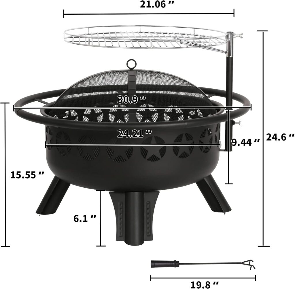 Hykolity 2 in 1 Fire Pit with Grill, Large 31 Wood Burning Fire Pit with Swivel Cooking Grate Outdoor Firepit for Backyard Bonfire Patio Outside Picnic BBQ, Spark Cover, Fire Poker