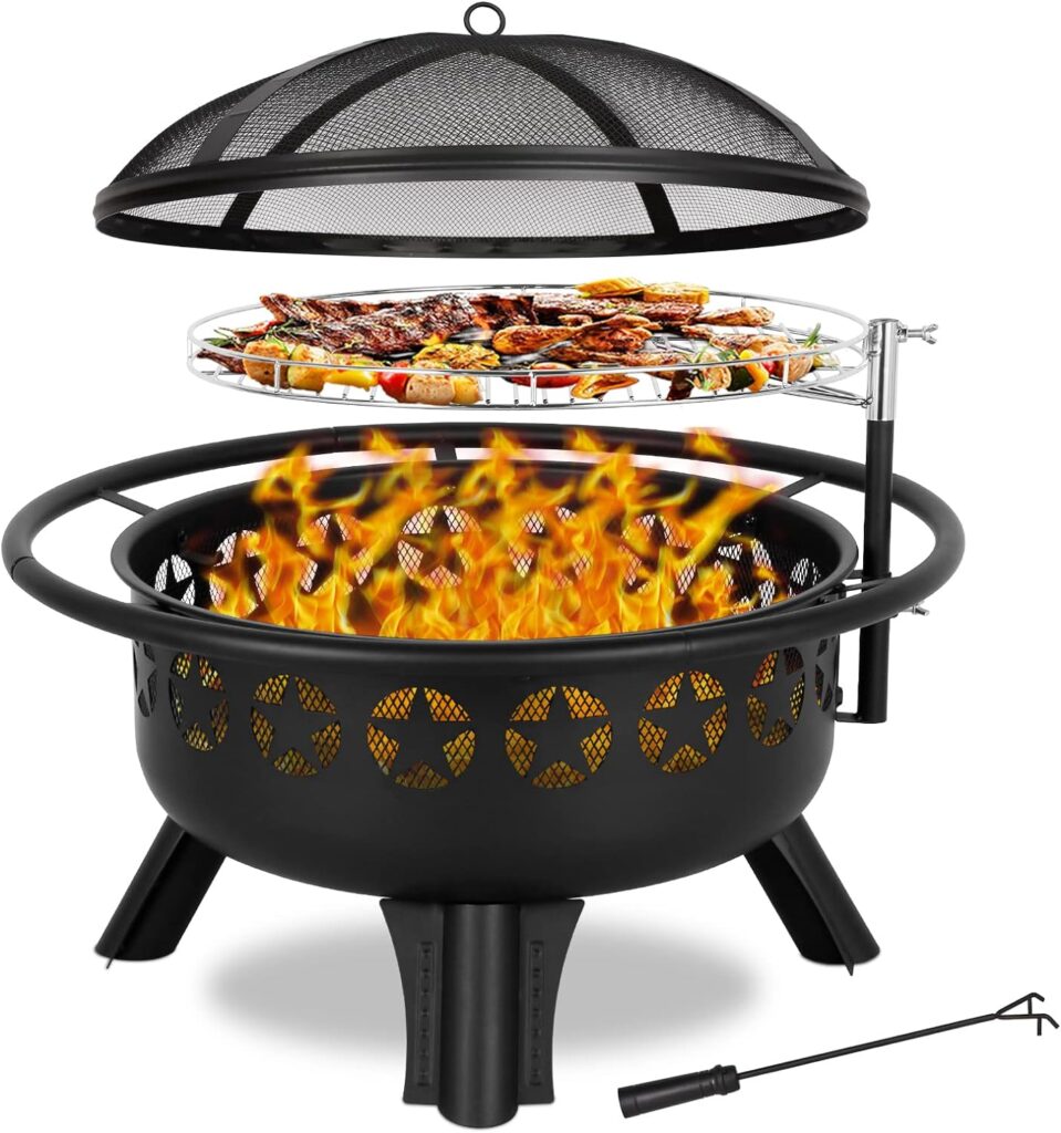 Hykolity 2 in 1 Fire Pit with Grill, Large 31 Wood Burning Fire Pit with Swivel Cooking Grate Outdoor Firepit for Backyard Bonfire Patio Outside Picnic BBQ, Spark Cover, Fire Poker