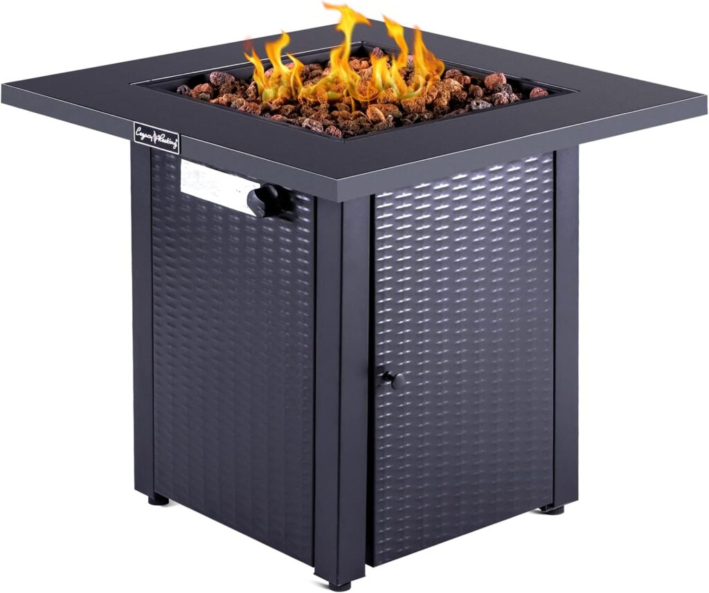 Legacy Heating 28inch Wicker Rattan Square Propane Fire Pit Table, Outdoor Dinning Gas Fire Table with Lid, 50,000BTU, Lava Stone, ETL Certification, for Outside Garden Backyard Deck Patio