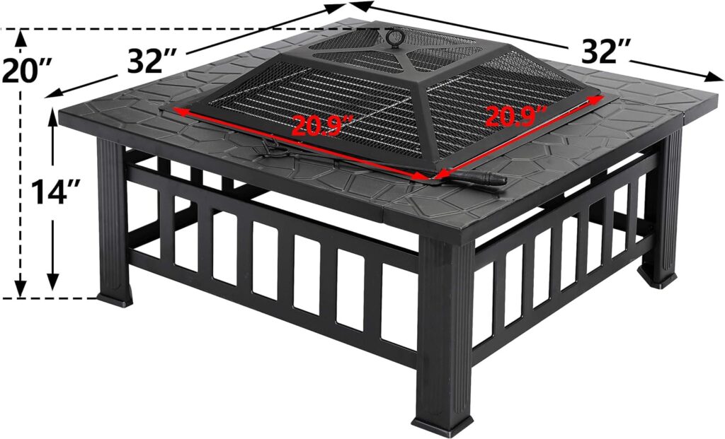 LEMY 32 inch Outdoor Fire Pit Square Metal Firepit Backyard Patio Garden Stove Wood Burning Fire Pit W/Rain Cover, Faux-Stone Finish