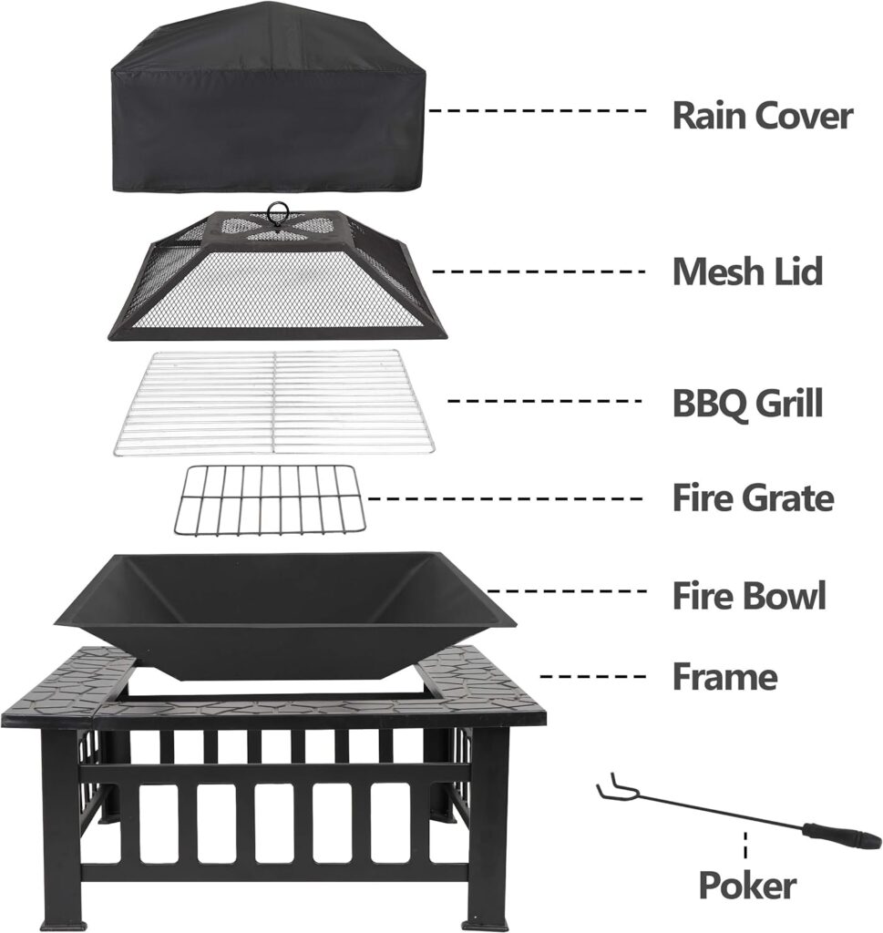 LEMY 32 inch Outdoor Fire Pit Square Metal Firepit Backyard Patio Garden Stove Wood Burning Fire Pit W/Rain Cover, Faux-Stone Finish