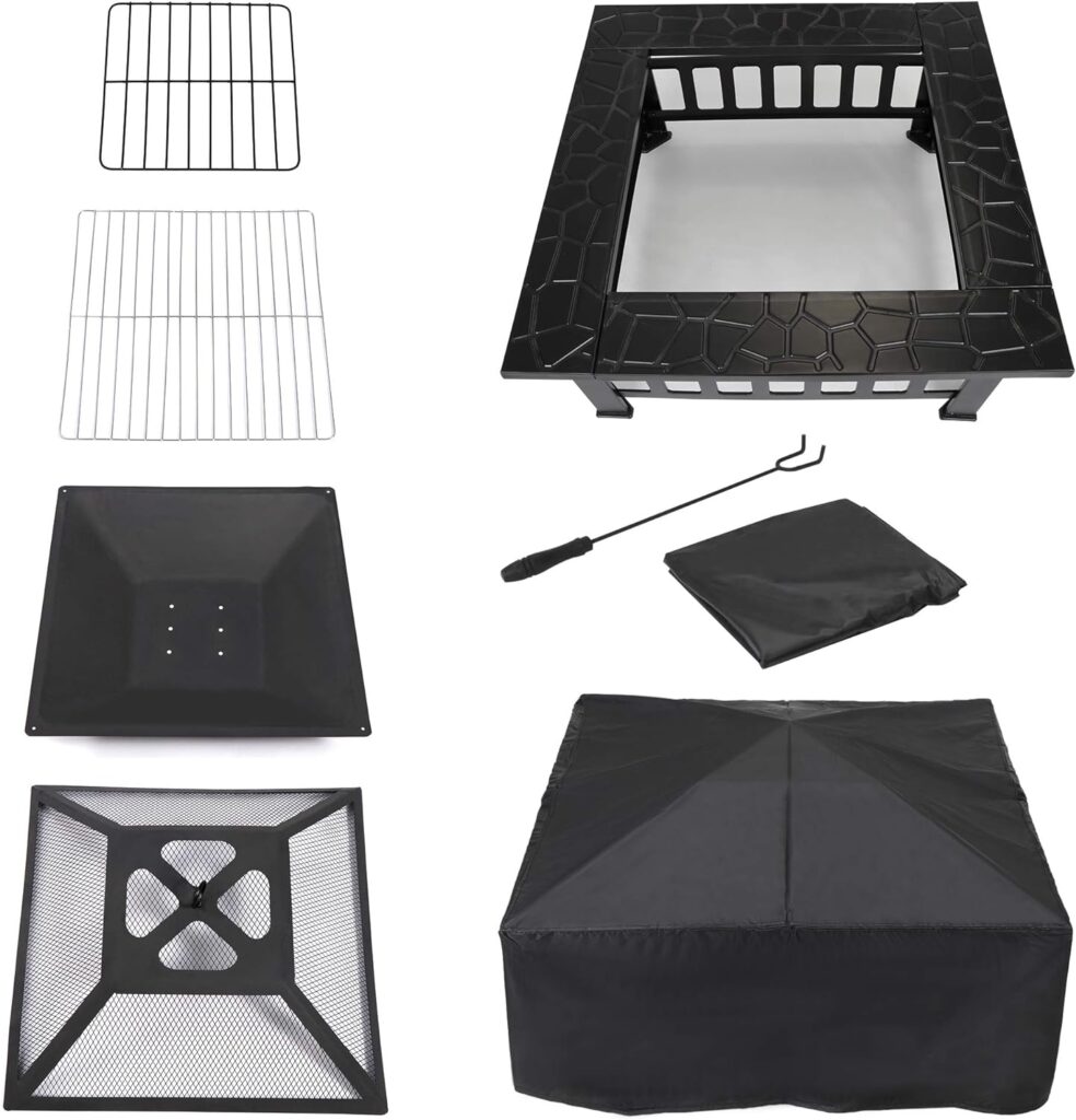 LEMY 32 inch Outdoor Fire Pit Square Metal Firepit Backyard Patio Garden Stove Wood Burning Fire Pit W/Rain Cover, Faux-Stone Finish