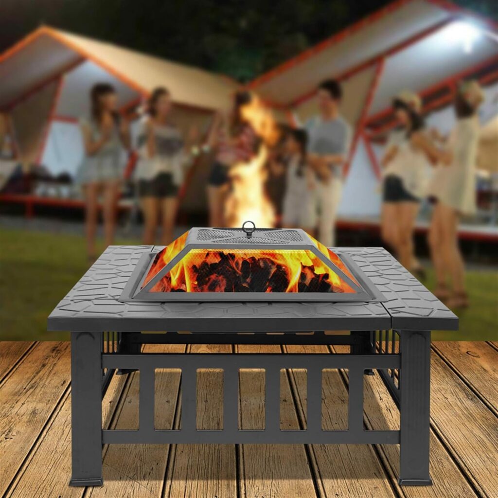 Outdoor Wood Burning Fire Pit 32 Inch, Square Metal Firepit for Outside, Multifunctional Bonfire Fire Pits Table with Mesh Lid and Poker for Backyard Heating, Garden, Patio, Camping, Black