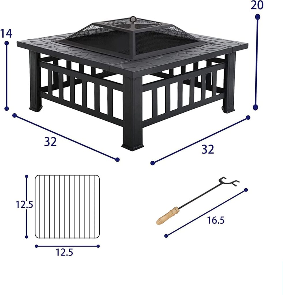 Outdoor Wood Burning Fire Pit 32 Inch, Square Metal Firepit for Outside, Multifunctional Bonfire Fire Pits Table with Mesh Lid and Poker for Backyard Heating, Garden, Patio, Camping, Black