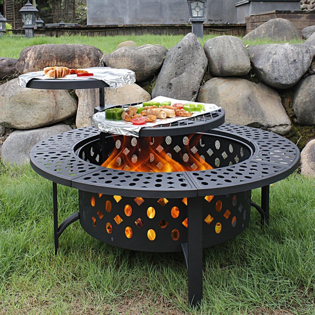 OutVue 36 Inch Fire Pit with 2 Grills, Wood Burning Fire Pits for Outside with Lid, Poker and Round Waterproof Cover, BBQ Outdoor Firepit  Round Metal Table 3 in 1 for Patio, Picnic, Party (36 inch)