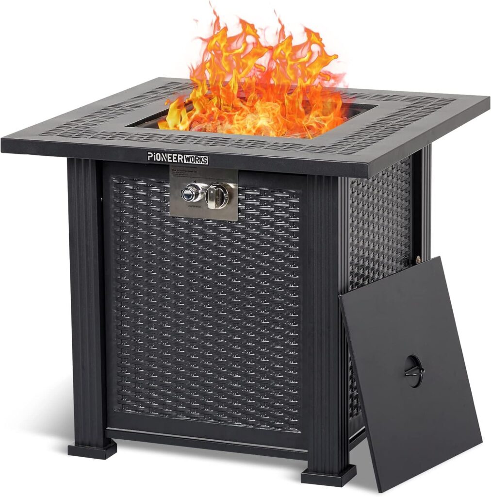 PioneerWorks Propane Fire Pit Table 28 Inch, 50000BTU Rectangle Fire Table with Cover, Sturdy Steel and Iron Fence Surface, CSA Safety Certified, Companion for Your Garden