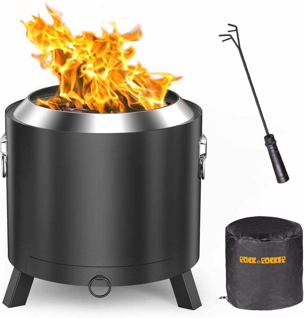 RockRocker Smokeless Fire Pit, 304 Stainless Steel, 18.5 Inch Outdoor Bonfire Firepit, Fire Pits for Outside, with Removable Ash Pan, Portable Handle  Waterproof Cover, for Backyard Party, BBQ