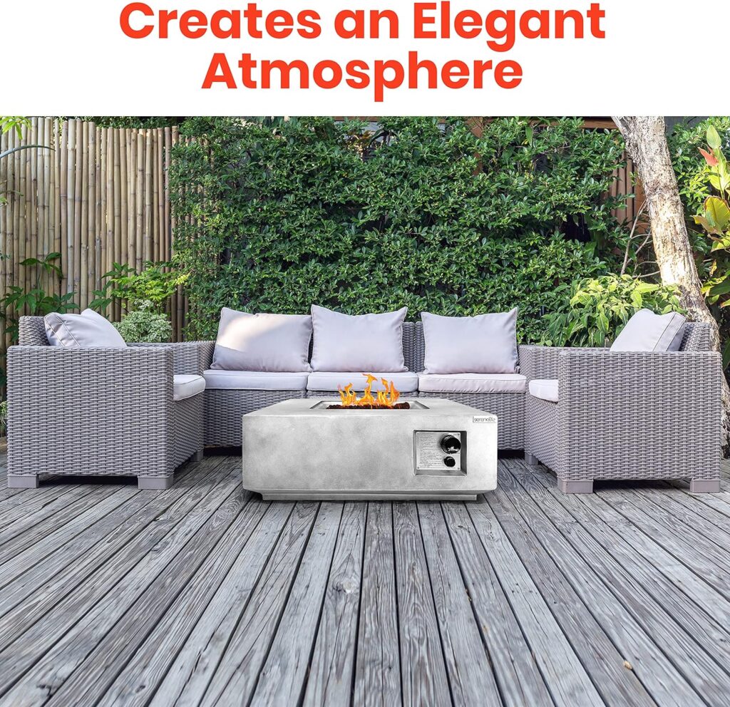SereneLife Concrete Outdoor Propane Fire Pit Table - CSA/ETL Certified Safe 40,000 Pulse Ignition Weatherproof Square Propane Gas Fire Table - Adjustable Flame, Thermocouple - SLFPLG9