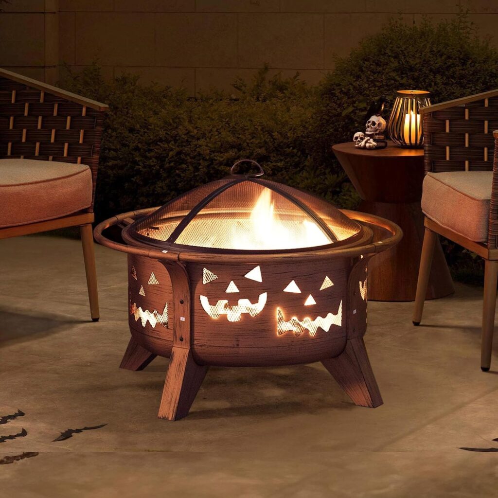 Sunjoy 30 in. Outdoor Wood-Burning Fire Pit, Patio Jack-o-Lantern Motif Round Steel Firepit Large Fire Pits for Outside with Spark Screen and Poker