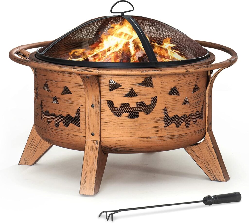 Sunjoy 30 in. Outdoor Wood-Burning Fire Pit, Patio Jack-o-Lantern Motif Round Steel Firepit Large Fire Pits for Outside with Spark Screen and Poker