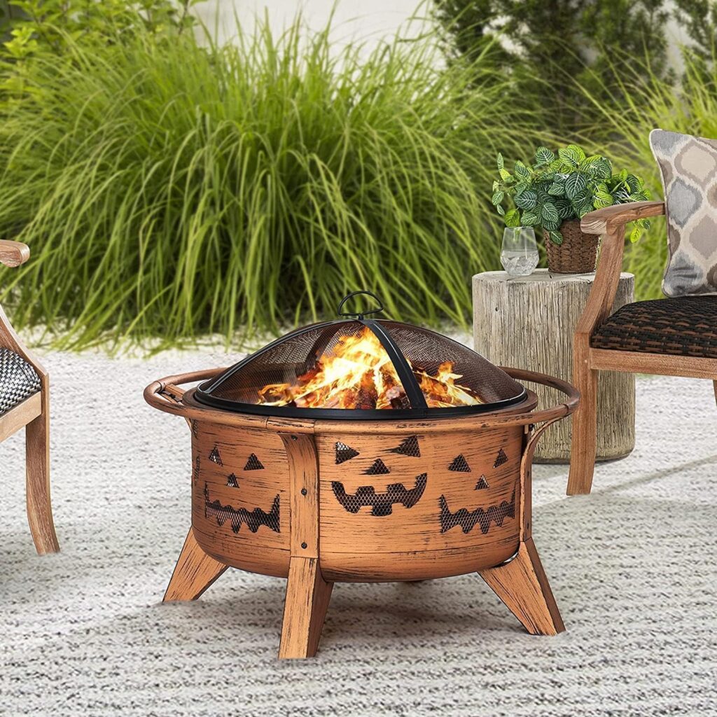 Sunjoy 30 in. Outdoor Wood-Burning Fire Pit, Patio Jack-o-Lantern Motif Round Steel Firepit Large Fire Pits for Outside with Spark Screen and Poker