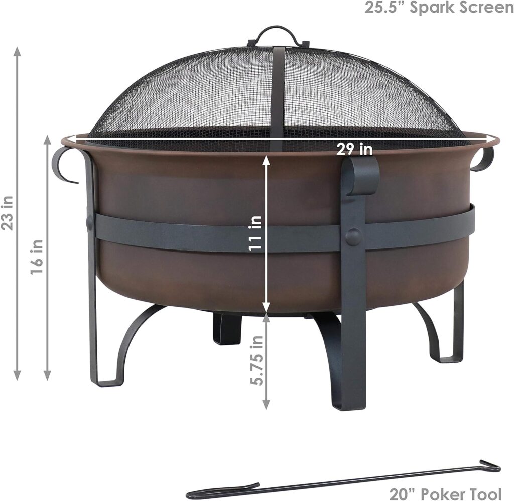 Sunnydaze 29-Inch Bronze Cauldron Wood-Burning Fire Pit Bowl - Includes Portable Poker and Spark Screen