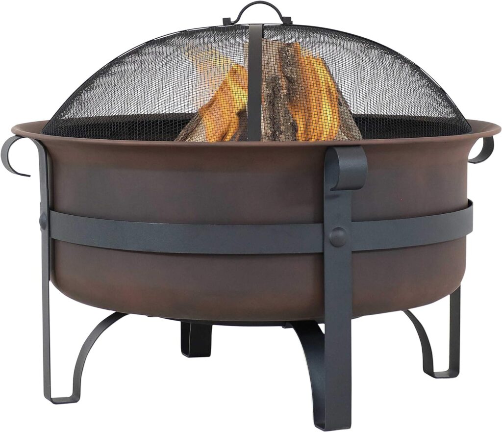 Sunnydaze 29-Inch Bronze Cauldron Wood-Burning Fire Pit Bowl - Includes Portable Poker and Spark Screen