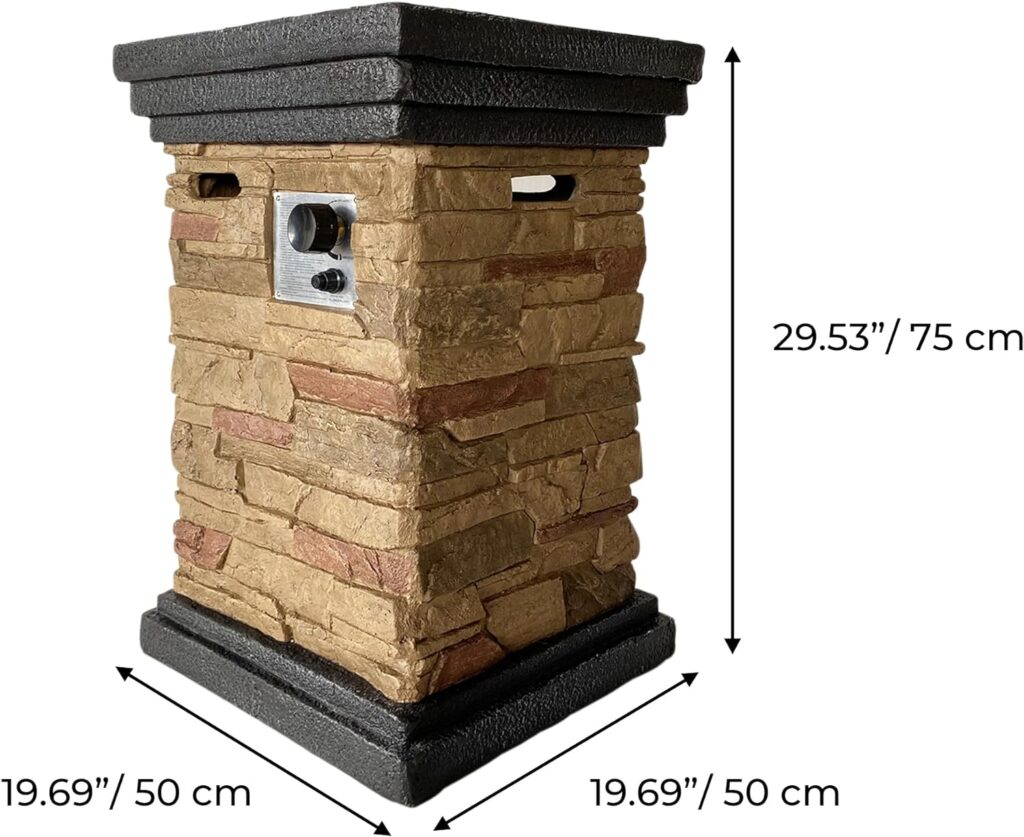 Teamson Home 40,000 BTU Square Slate Rock Look Steel Outdoor Fire Pit Pillar Outside Propane Gas Firepit with 6.6 Pounds Lava Rocks and PVC Cover for Patio Garden Backyard, 20 Inch, Brown