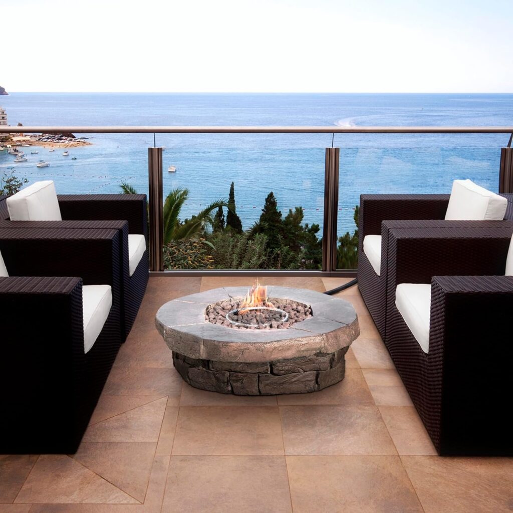 Teamson Home 40,000 BTU Square Slate Rock Look Steel Outdoor Fire Pit Pillar Outside Propane Gas Firepit with 6.6 Pounds Lava Rocks and PVC Cover for Patio Garden Backyard, 20 Inch, Brown