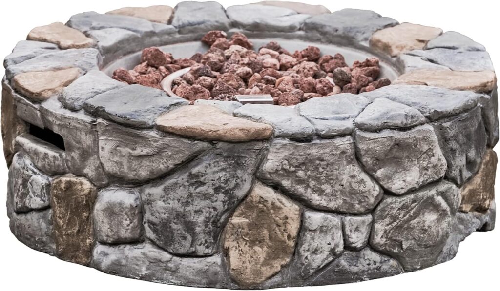 Teamson Home 40,000 BTU Square Slate Rock Look Steel Outdoor Fire Pit Pillar Outside Propane Gas Firepit with 6.6 Pounds Lava Rocks and PVC Cover for Patio Garden Backyard, 20 Inch, Brown