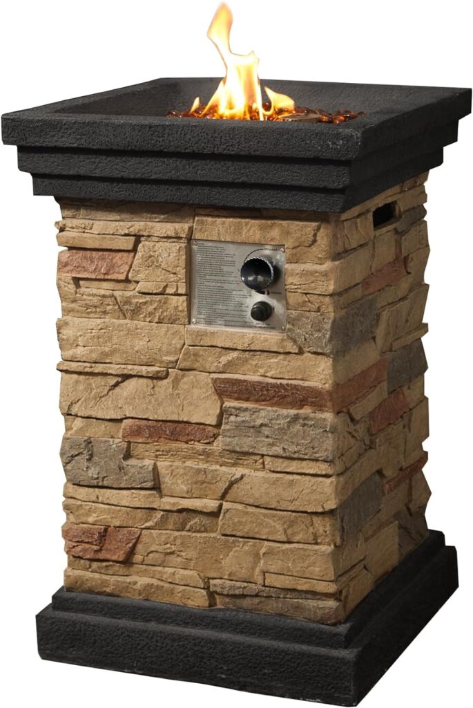 Teamson Home 40,000 BTU Square Slate Rock Look Steel Outdoor Fire Pit Pillar Outside Propane Gas Firepit with 6.6 Pounds Lava Rocks and PVC Cover for Patio Garden Backyard, 20 Inch, Brown