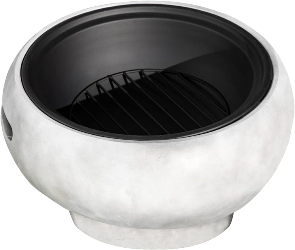 Teamson Home MGO Light Concrete Round Charcoal and Wood Burning Fire Pit for Outdoor Patio Garden Backyard with Spark Screen, Fireplace Poker, Grate, and BBQ Grill, Light Gray