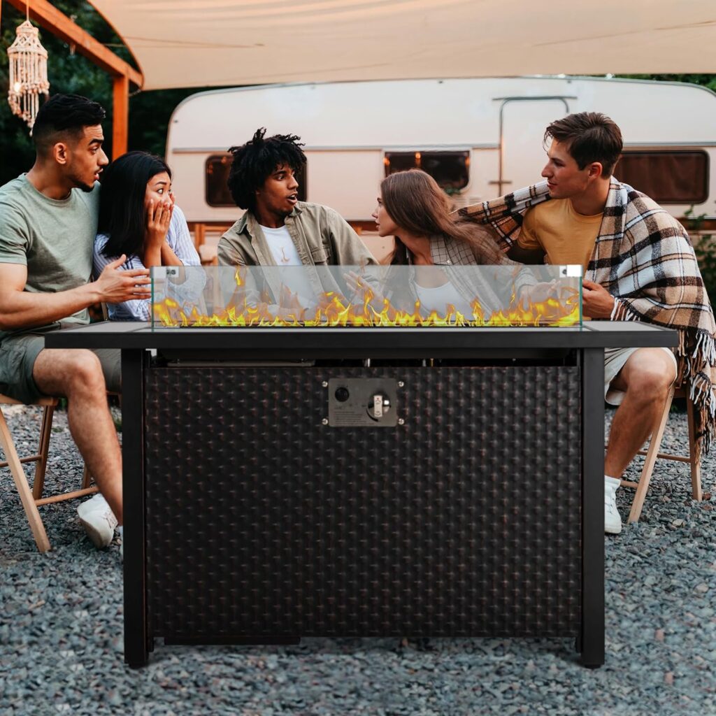 Walsunny 45 inch Outdoor Propane Fire Pit 50,000 BTU Gas Fire Pit Table with Lid, Glass Wind Guard, Waterproof Cover, Rectangle Gas Firepit Table for Garden/Patio, CSA Certification