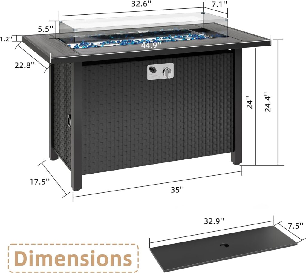 Walsunny 45 inch Outdoor Propane Fire Pit 50,000 BTU Gas Fire Pit Table with Lid, Glass Wind Guard, Waterproof Cover, Rectangle Gas Firepit Table for Garden/Patio, CSA Certification