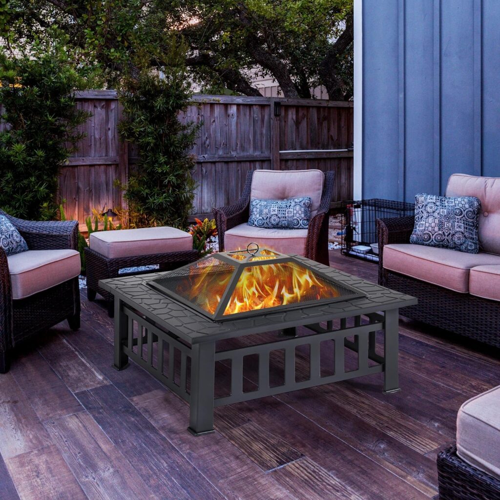 Yaheetech Multifunctional Fire Pit Table 32in Square Metal Firepit Stove Backyard Patio Garden Fireplace for Camping, Outdoor Heating, Bonfire and Picnic