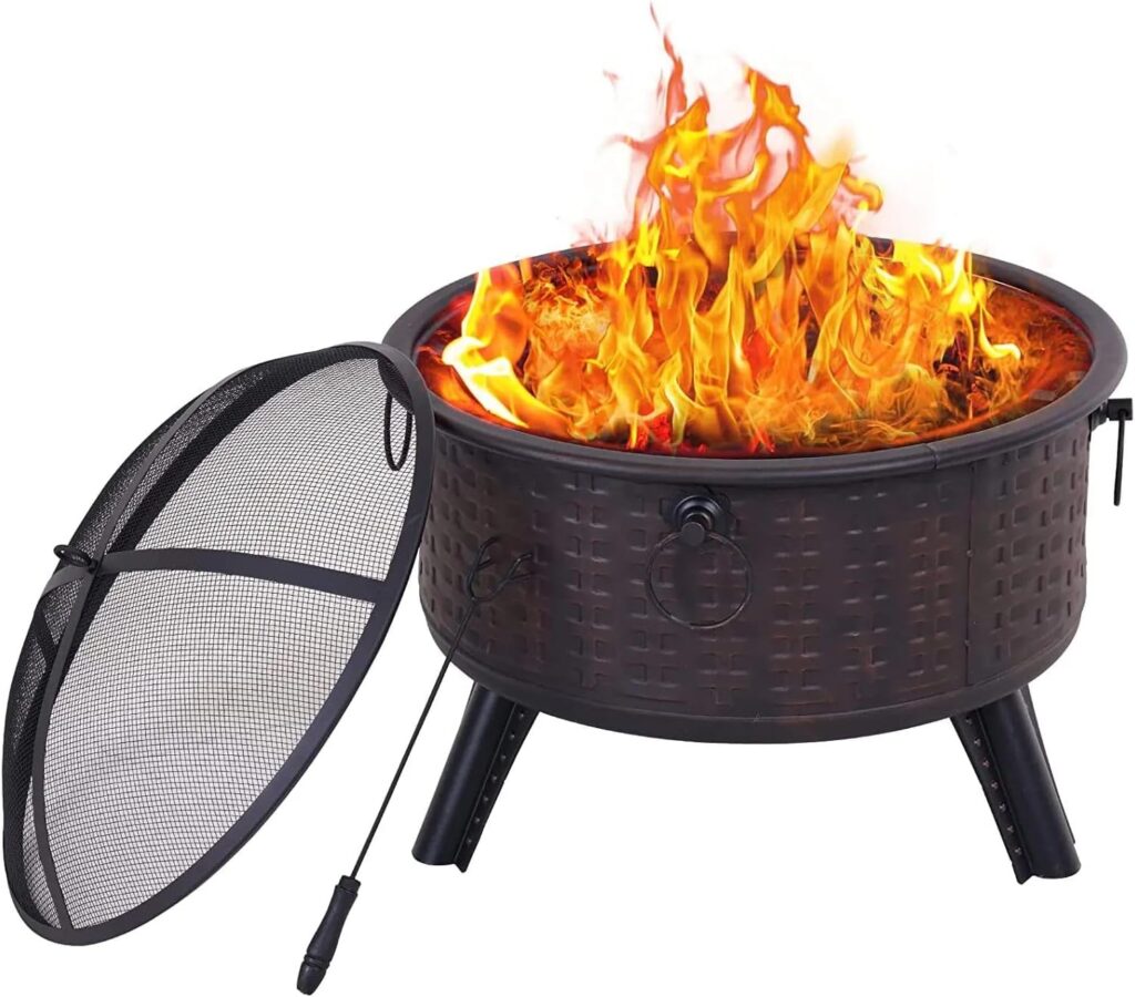 Yoyomax Fire Pit, 26 Inch Woven Metal Round Firepit, Wood Burning Pit w/Includes Screen, Cover and Log Poker, Space Saver for Outdoor and Patio, Brown