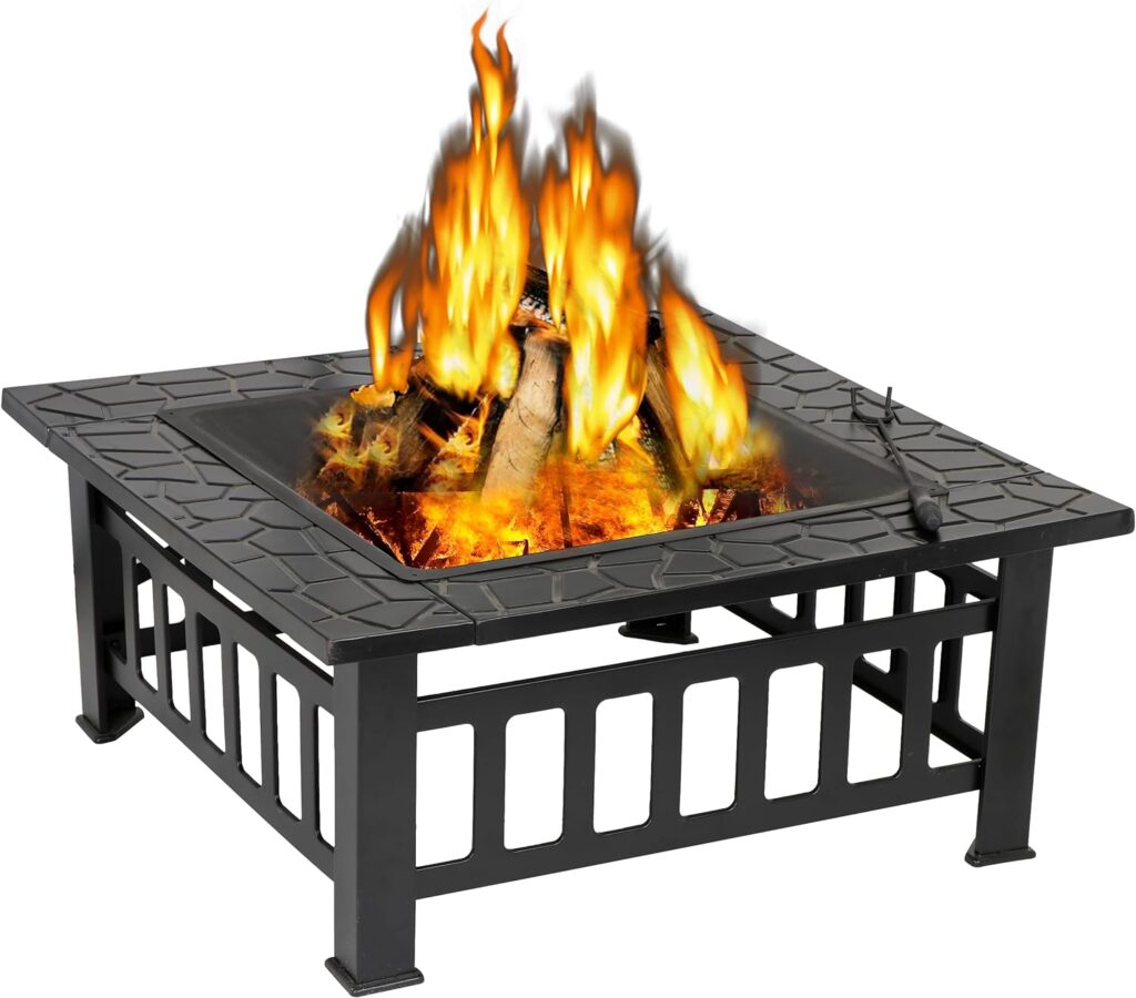 ZENY 32in Outdoor Fire Pits Outside Wood Burning Firepit Square Metal Fireplace Table Fire Bowl with Grill,Screen and Poker for Camping Bonfire Backyard BBQ